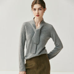 Elegant Soft Knit Women’s Cashmere Tie Neck Pullover Sweater