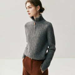 Cashmere Half-Zip Turtleneck Sweater Ribbed Knit Pullover with High Collar