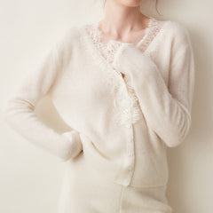 Cashmere Lace Trim V-Neck Button Front Cardigan Soft Knit Sweater Top