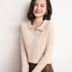Women’s Soft Cashmere Cable Knit Polo Collar Sweater Lightweight Pullover Top