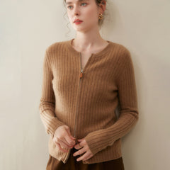 Women’s Cashmere Slim Fit Round Neck Knit Top Ribbed Zip Cardigan Sweater