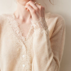 Cashmere Lace Trim V-Neck Button Front Cardigan Soft Knit Sweater Top