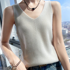 Women’s Cashmere Wool Ribbed V-Neck Sleeveless Knit Sweater Top