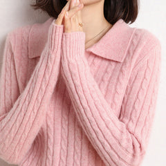 Women’s Soft Cashmere Cable Knit Polo Collar Sweater Lightweight Pullover Top