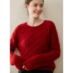 Cashmere Cable Knit Crew Neck Relaxed Fit Pullover Sweater with Ribbed Cuffs