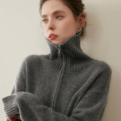 Women’s Cashmere Half-Zip Pullover Relaxed Fit Knit Sweater with Ribbed Cuffs