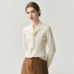 Elegant Soft Knit Women’s Cashmere Tie Neck Pullover Sweater