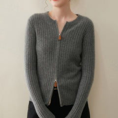 Women’s Cashmere Slim Fit Round Neck Knit Top Ribbed Zip Cardigan Sweater