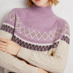 Women’s Soft Cashmere Cable Knit Fair Isle Pattern Turtleneck Sweater