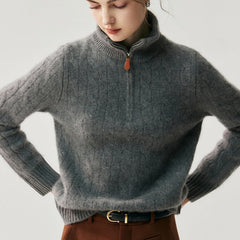Cashmere Half-Zip Turtleneck Sweater Ribbed Knit Pullover with High Collar