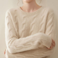 Cashmere Cable Knit Crew Neck Relaxed Fit Pullover Sweater with Ribbed Cuffs