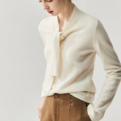 Elegant Soft Knit Women’s Cashmere Tie Neck Pullover Sweater