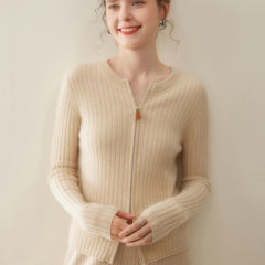 Women’s Cashmere Slim Fit Round Neck Knit Top Ribbed Zip Cardigan Sweater