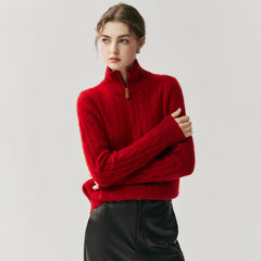 Cashmere Half-Zip Turtleneck Sweater Ribbed Knit Pullover with High Collar