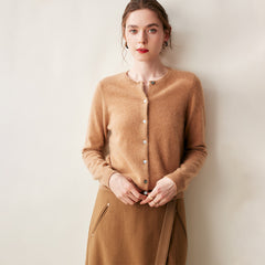 Cashmere Crew Neck Button Front Cardigan Fine Knit Ribbed Hem Sweater