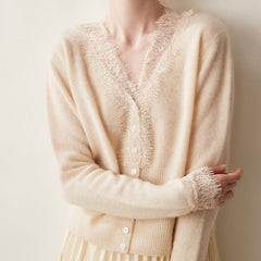 Cashmere Lace Trim V-Neck Button Front Cardigan Soft Knit Sweater Top