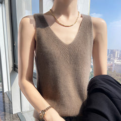 Women’s Cashmere Wool Ribbed V-Neck Sleeveless Knit Sweater Top