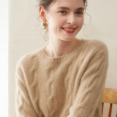 Cashmere Cable Knit Crew Neck Relaxed Fit Pullover Sweater with Ribbed Cuffs