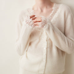 Cashmere Lace Trim V-Neck Button Front Cardigan Soft Knit Sweater Top