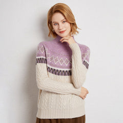 Women’s Soft Cashmere Cable Knit Fair Isle Pattern Turtleneck Sweater