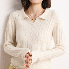 Women’s Soft Cashmere Cable Knit Polo Collar Sweater Lightweight Pullover Top