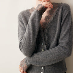 Cashmere Lace Trim V-Neck Button Front Cardigan Soft Knit Sweater Top