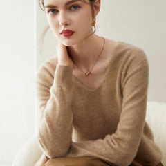 Women’s Pure Cashmere Soft Minimalist V-Neck Knit Pullover Sweater