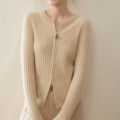 Women’s Cashmere Slim Fit Round Neck Knit Top Ribbed Zip Cardigan Sweater
