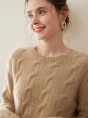 Cashmere Cable Knit Crew Neck Relaxed Fit Pullover Sweater with Ribbed Cuffs