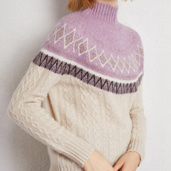 Women’s Soft Cashmere Cable Knit Fair Isle Pattern Turtleneck Sweater