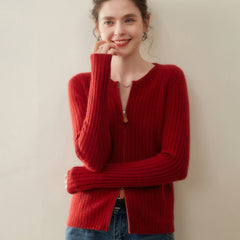 Women’s Cashmere Slim Fit Round Neck Knit Top Ribbed Zip Cardigan Sweater