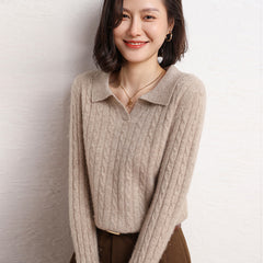 Women’s Soft Cashmere Cable Knit Polo Collar Sweater Lightweight Pullover Top