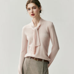 Elegant Soft Knit Women’s Cashmere Tie Neck Pullover Sweater