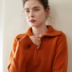 Women’s Cashmere Half-Zip Pullover Relaxed Fit Knit Sweater with Ribbed Cuffs