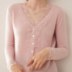 Cashmere Lace Trim V-Neck Button Front Cardigan Soft Knit Sweater Top