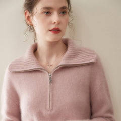 Women’s Cashmere Half-Zip Pullover Relaxed Fit Knit Sweater with Ribbed Cuffs