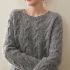Cashmere Cable Knit Crew Neck Relaxed Fit Pullover Sweater with Ribbed Cuffs