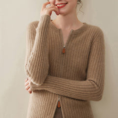 Women’s Cashmere Slim Fit Round Neck Knit Top Ribbed Zip Cardigan Sweater