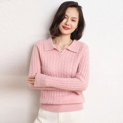Women’s Soft Cashmere Cable Knit Polo Collar Sweater Lightweight Pullover Top