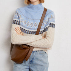 Women’s Soft Cashmere Cable Knit Fair Isle Pattern Turtleneck Sweater