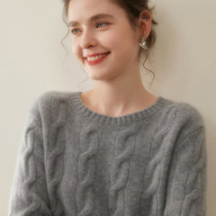Cashmere Cable Knit Crew Neck Relaxed Fit Pullover Sweater with Ribbed Cuffs