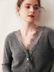 Cashmere Lace Trim V-Neck Button Front Cardigan Soft Knit Sweater Top