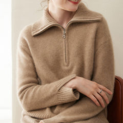 Women’s Cashmere Half-Zip Pullover Relaxed Fit Knit Sweater with Ribbed Cuffs