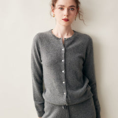 Cashmere Crew Neck Button Front Cardigan Fine Knit Ribbed Hem Sweater