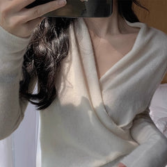 Women’s Cashmere Wool Wrap V-Neck Knit Fitted Waist Sweater
