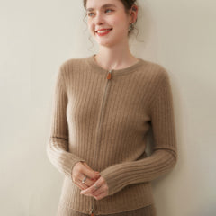 Women’s Cashmere Slim Fit Round Neck Knit Top Ribbed Zip Cardigan Sweater