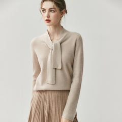 Elegant Soft Knit Women’s Cashmere Tie Neck Pullover Sweater