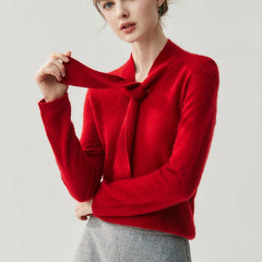 Elegant Soft Knit Women’s Cashmere Tie Neck Pullover Sweater