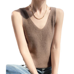 Women’s Cashmere Wool Ribbed V-Neck Sleeveless Knit Sweater Top