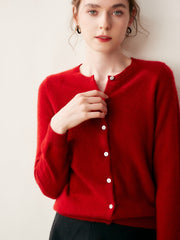 Cashmere Crew Neck Button Front Cardigan Fine Knit Ribbed Hem Sweater